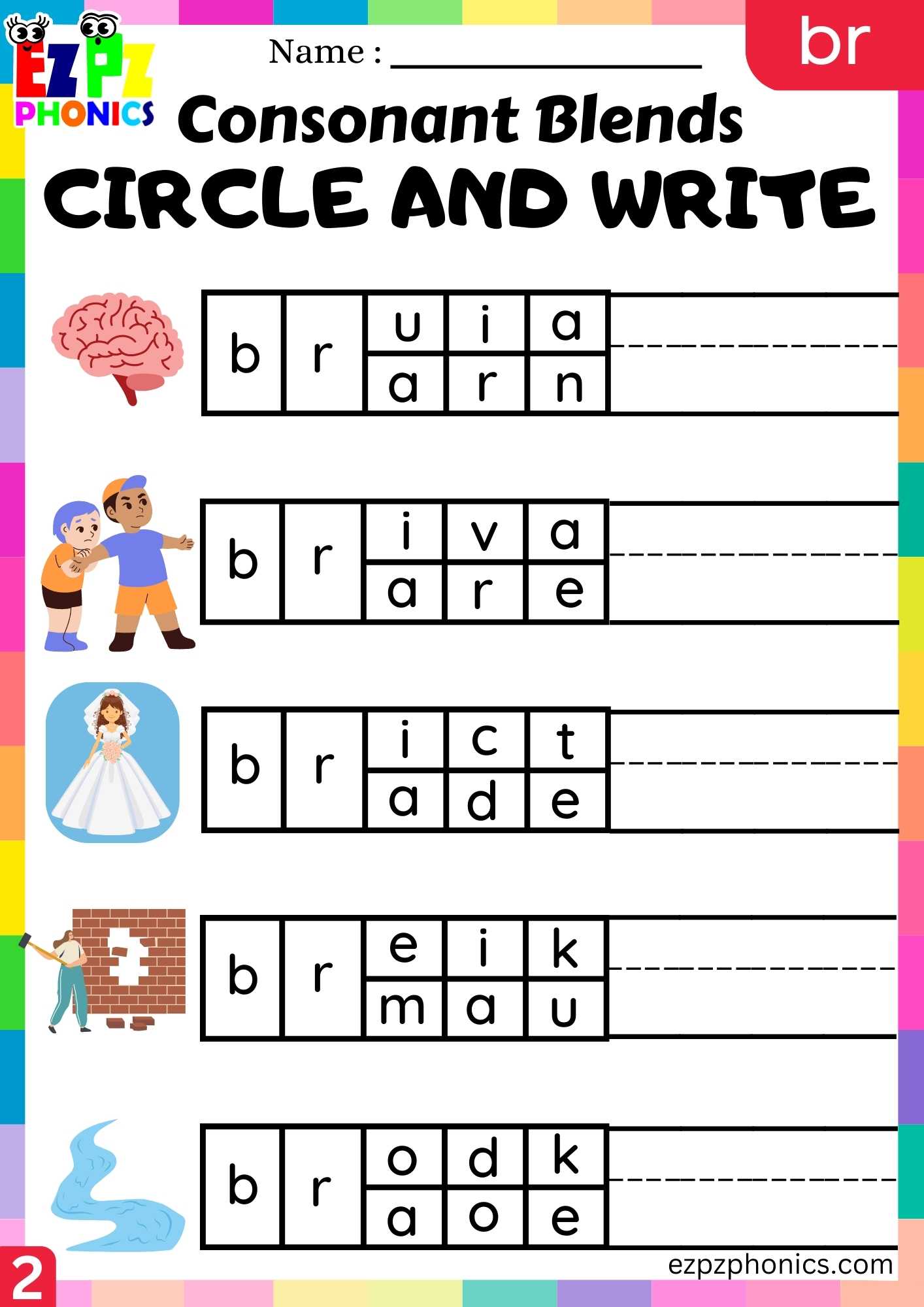 Group2 BR Words Circle And Write Phonics Consonant Blends Worksheet